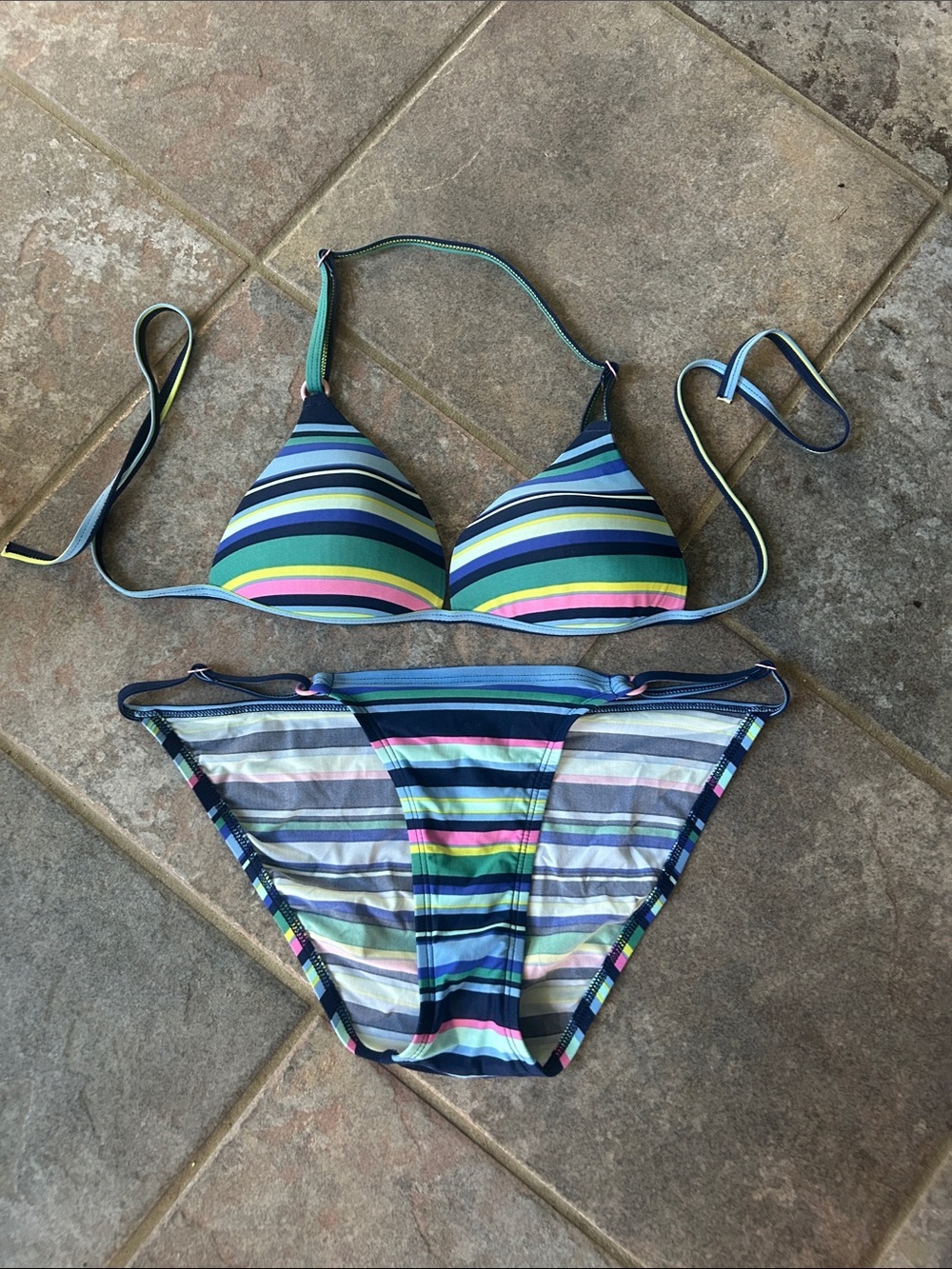 GAP Striped Triangle Bikini in Navy, Blue, Green, Pink